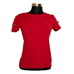 Tommy Hilfiger Women's Fitted Short Sleeve Red T-Shirt Bow Detail Size Small